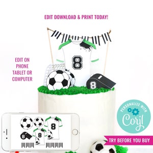 Boy Birthday Party Soccer Cake Topper Soccer Party Printable Cake Topper Soccer Topper Instant Download Edit File with Corjl