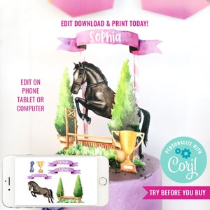 Girls Birthday Party Horse Show Jumping Party Cake Topper Horse Birthday Cake Topper Pony Party Topper Instant Download Edit File with Corjl