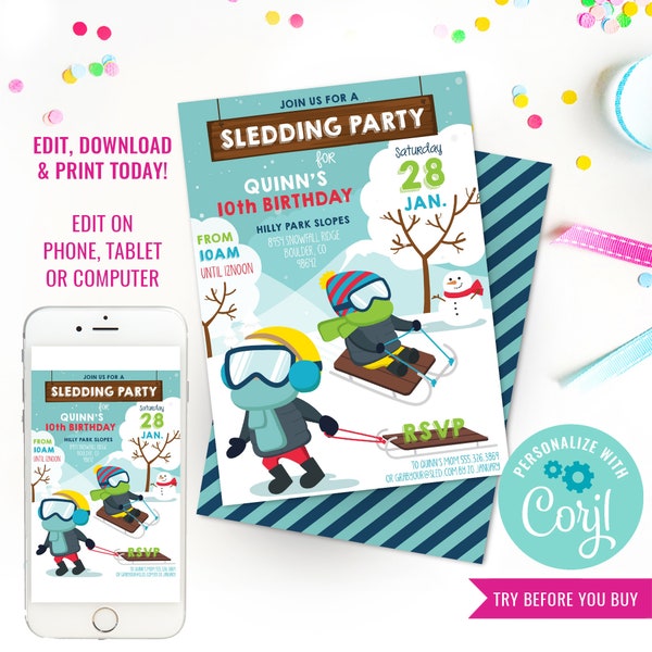 Sledding Party Invitation - Tobogganing Party Invitation - Winter Party Invitation - Instant Download & Edit File with Corjl