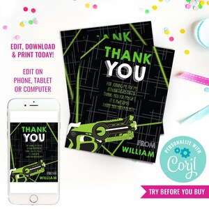 Boy Birthday Party Laser Tag Thank you Card Lazer Tag Party Thank You Note Black and Green Instant Download Edit File with Corjl