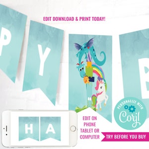 Dragon and Unicorn Party Birthday Banner - Unicorn Dragon Party Happy Birthday Banner - Instant Download & Edit File with Corjl