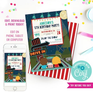 Drive In Movie Party Invitation Backyard Drive In Party Invitation Instant Download Edit File in Corjl