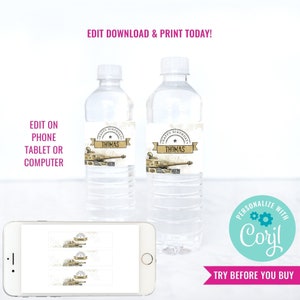 Boys Army Tank Birthday Party Water Bottle Labels Vintage Army Party Drinks Labels Instant Download Edit File in Corjl