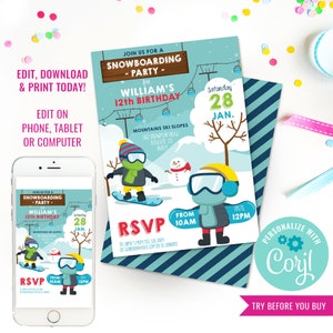 May include: A blue and white printable invitation for a 12th birthday snowboarding party. The invitation features a cartoon illustration of two children snowboarding. The text on the invitation reads "Join us for a Snowboarding Party for William's 12th Birthday".