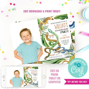 Boy Birthday Party Snake Invitation Snake Invite Reptile Party Snake Birthday Photo Invitation Instant Download Edit File with Corjl