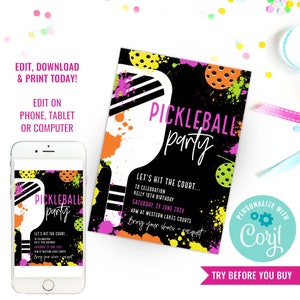 Girl Birthday Party Pickleball Invite Pickelball Birthday Party Invitation Girls Pickle Ball Party Instant Download Edit File in Corjl