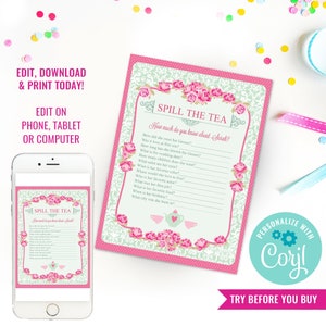 High Tea Party Game Spill The Tea Party Game Bridal Shower Games Instant Download & Edit File with Corjl image 1