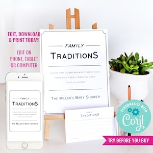 Juego de letreros y tarjetas para baby shower con tradiciones familiares. Juego para compartir recuerdos. Plantilla editable. Descarga instantánea. Editar archivo en Corjl
