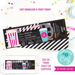 Girl Birthday Party Movie Invitation Girl Movie Ticket Invite Movie Night Invitation Instant Download Edit File with Corjl