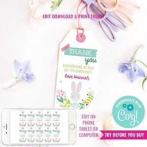 Girl Birthday Party Bunny Favor Tags Floral Bunny Rabbit Party Favors Easter Bunny Favor Tags Instant Download Edit File with Corjl