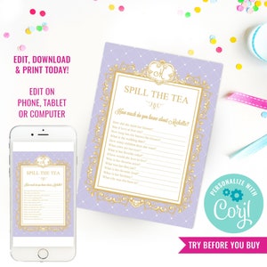 Girl Birthday Party High Tea Party Game Spill The Tea Lilac Bridal Shower Party Game Instant Download Edit with Corjl