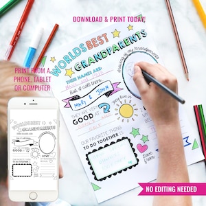 Manualidades para abuelos: página para colorear de los mejores abuelos del mundo Regalos personalizados para el día de los abuelos Descarga instantánea e impresión en casa