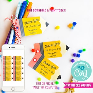 Leraar waardering bedankt tag leraar DIY-cadeaukaartje eindejaarscadeau leraar cadeau-idee potloodlabel direct downloaden en bewerken van bestand met Corjl