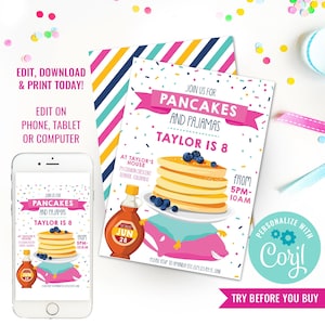 Girls Pancakes and Pajamas Party Invitation Tween Party Invitation Teen Slumber Party Invite Pancake Party Instant Download Edit in Corjl