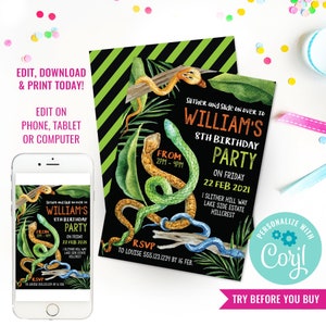 May include: Editable invitation for William's 8th birthday party. The invitation features a black background with green and orange snakes, green leaves, and a wooden branch. The text reads "Slither and Slide on over to William's 8th Birthday Party on Friday, 22 Feb 2021. From 2PM-4PM. I Slither Hill Way, Lake Side Estate, Hillcrest. RSVP to Louise 555.123.1234 by 16 Feb."