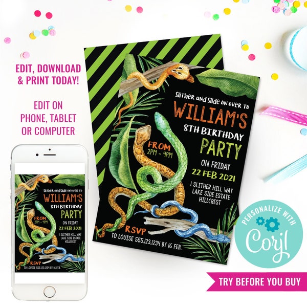 Snake Party Invitation - Snake Invite - Reptile Party - Green Snake Birthday Party Invitation - Instant Download & Edit File with Corjl