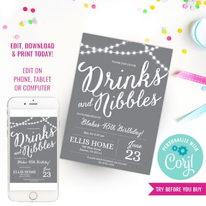 Gray Birthday Party Invitation Drinks Birthday Party 30th 40th 50th 60th Birthday Party Invitation Instant Download Edit File in Corjl