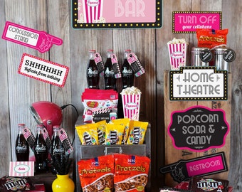 Movie Night Party Concession Stand - Girls Movie Night Candy and Soda Store - Instant Download and Edit