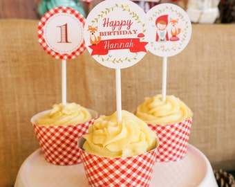 Little Red Riding Hood Cupcake Toppers and Cupcake Wrappers - Woodland Toppers - Instant Download and Edit File at home with Adobe Reader