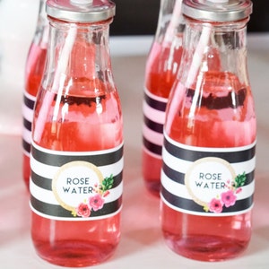 Etiquetas de botellas de agua florales a rayas en blanco y negro Etiquetas a rayas Descarga instantánea y edición en casa con Adobe Reader imagen 1