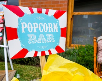 Popcorn Bar Printables - Red and Cream Popcorn Bar Sign - Carnival Signs - Instant Download and Edit File at home with Adobe Reader