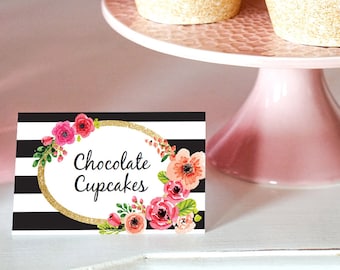 Black And White Stripe Floral Tent Cards, Food Labels, Buffet Cards, Food Tags, Labels - Instant Download and Edit at home with Adobe Reader