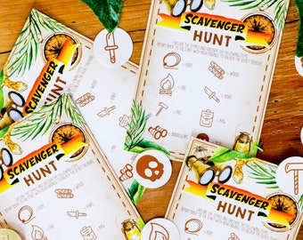 May include: Three colorful printable scavenger hunt cards with a jungle theme. The cards feature a list of items to find, including rope, fire, knife, bag, binoculars, skull, and wood. The cards are decorated with illustrations of a jungle scene, including leaves, vines, and a monkey.