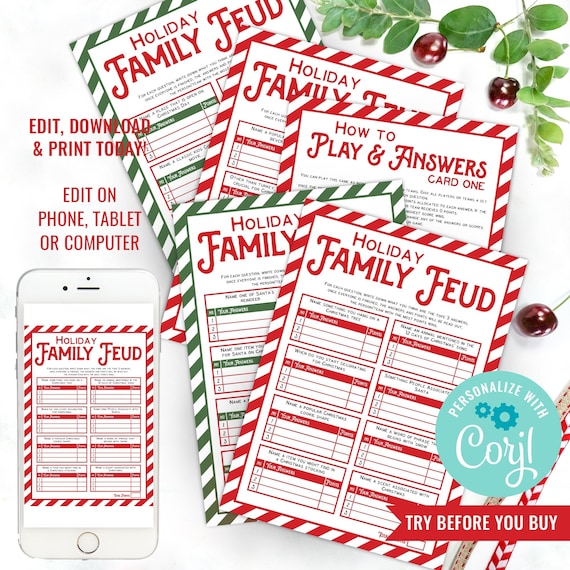 Printable Christmas Family Feud Game - Holiday Group Game - Christmas Team Games - 39 Questions - Instant Download & Edit File with Corjl Il_570xn