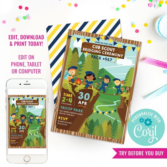 Cub Scout Bridging Ceremony Invitation - Girl and Boy Cub Scout Invitation - Instant Download & Edit File with Corjl Il_570xn