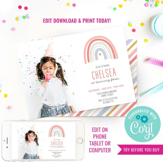 Rainbow Party Photo Invitation - Boho Rainbow Birthday - Modern Rainbow Party Invitation - Instant Download & Edit File with Corjl Il_570xn