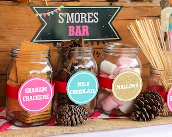 Girls Glamping Party - S'mores Bar Printables - Glamping S'mores Bar - Instant Download and Edit File at home with Adobe Reader