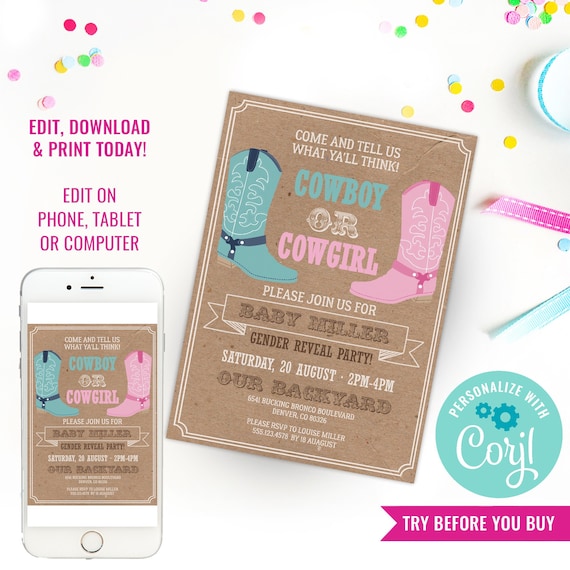 Cowboy or Cowgirl Shabby Chic Gender Reveal Party Invitation - Pink Or Blue Gender Reveal - Instant Download & Edit File with Corjl Il_570xn