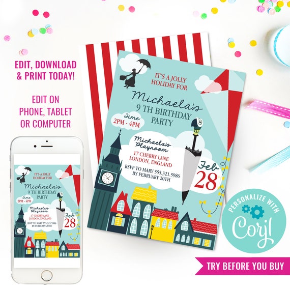 Mary Poppins Inspired Birthday Party Invitation - Mary Poppins Party - Instant Download & Edit File with Corjl Il_570xn