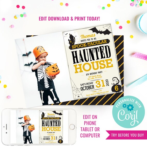 Halloween Haunted House Party Invitation - Haunted House Birthday Party Invitation - Instant Download & Edit File with Corjl Il_570xn
