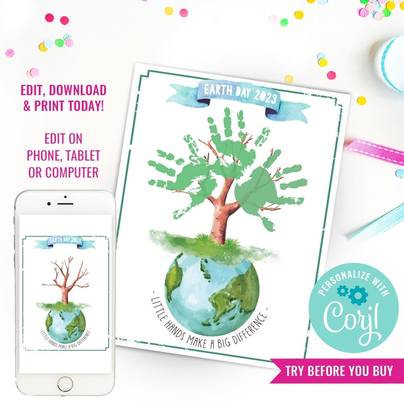 Earth Day Handprint Craft Hand Art Handprint Earth Day Art Save the Earth Recycle Kids Activity Instant Download Edit File with Corjl image 1