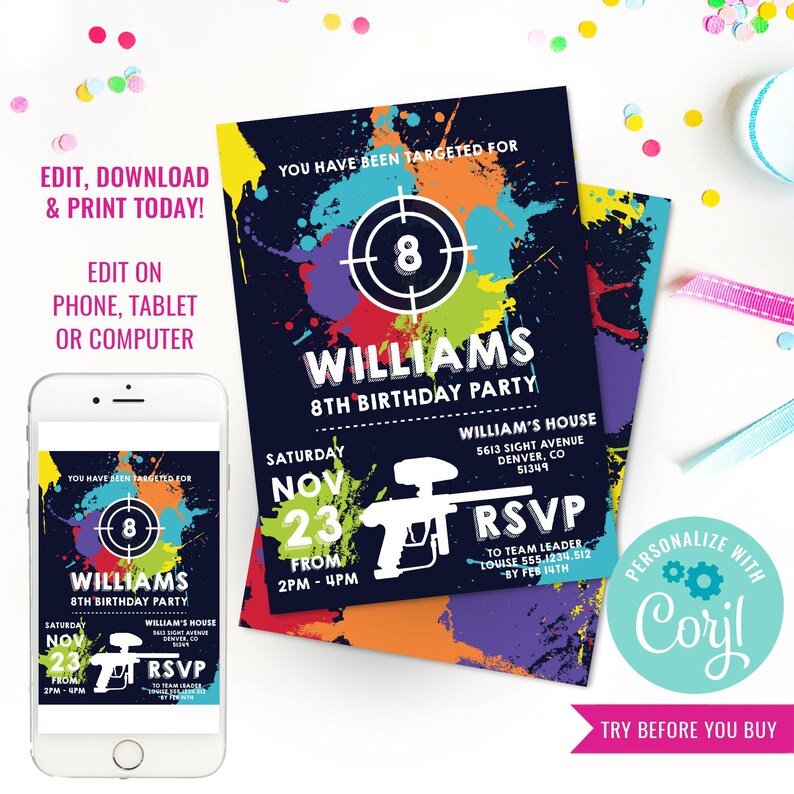 May include: Editable paint splatter themed birthday party invitation for an 8th birthday party. The invitation features a target with the number 8 in the center, a paintball gun, and the text "You have been targeted for Williams 8th Birthday Party".