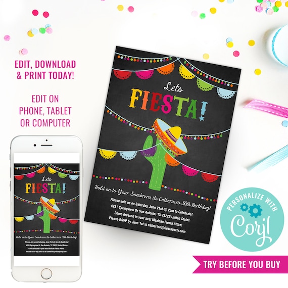 Mexican Fiesta Birthday Party Invitation - 16th 30th 40th 50th 60th birthday invitation - Instant Download & Edit File with Corjl Il_570xn