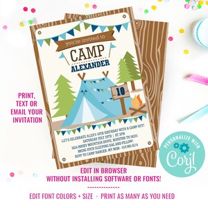 May include: A printable invitation for a 10th birthday party with a camping theme. The invitation features a blue tent, a campfire, and a sign that says "Camp Alexander". The text on the invitation says "Let's celebrate Alex's 10th birthday with a camp out! Saturday July 29th | at 3pm 5624 Rocky Mountain Drive, Houston TX 56231 Bring your sleeping bag and pillow! RSVP to Camp Ranger: My Mom - 619.985.6214"