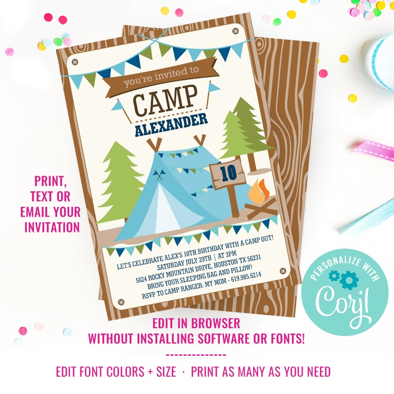 May include: A printable invitation for a 10th birthday party with a camping theme. The invitation features a blue tent, a campfire, and a sign that says "Camp Alexander". The text on the invitation says "Let's celebrate Alex's 10th birthday with a camp out! Saturday July 29th | at 3pm 5624 Rocky Mountain Drive, Houston TX 56231 Bring your sleeping bag and pillow! RSVP to Camp Ranger: My Mom - 619.985.6214"