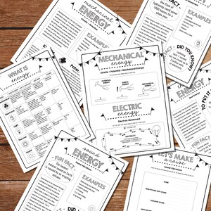 May include: A set of black and white printable worksheets for teaching about different types of energy, including mechanical, electrical, sound, and heat energy. The worksheets include examples, definitions, and fun facts about each type of energy.