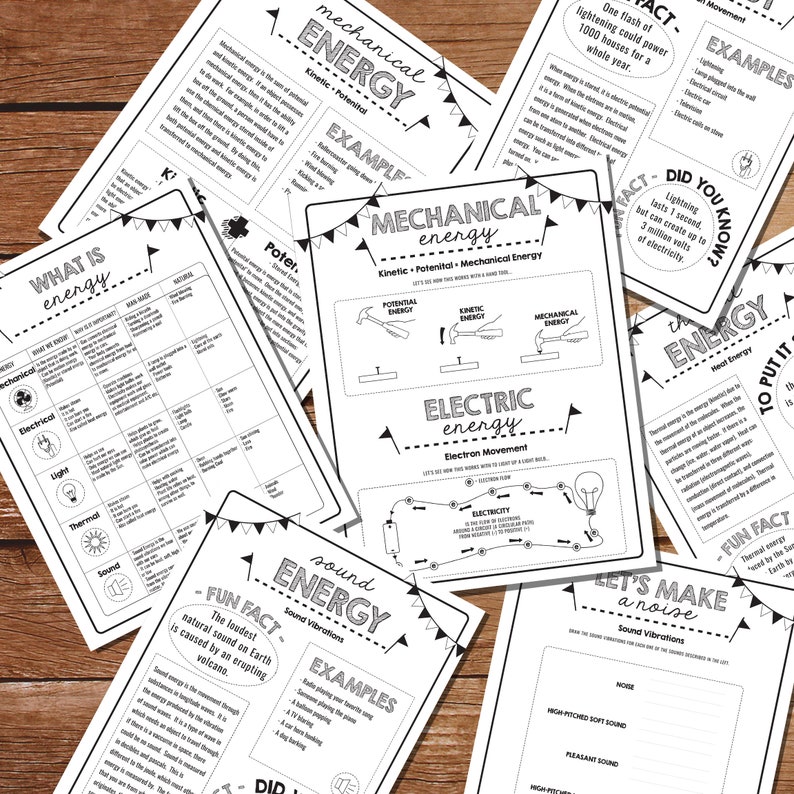 May include: A set of black and white printable worksheets for teaching about different types of energy, including mechanical, electrical, sound, and heat energy. The worksheets include examples, definitions, and fun facts about each type of energy.