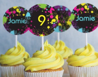 Neon Party Cupcake Toppers - Glow Party Cupcake Toppers - Instantly Downloadable and Editable File - Personalize at home with Adobe Reader