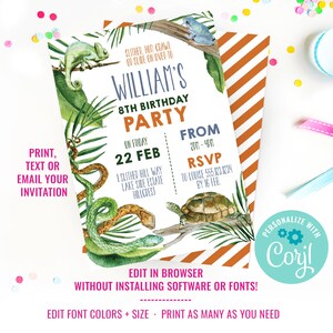Puede incluir: Una invitaci&oacute;n imprimible para una fiesta de cumplea&ntilde;os n&uacute;mero 8 con tem&aacute;tica de la jungla. La invitaci&oacute;n presenta un camale&oacute;n verde, una serpiente verde, una tortuga y una rana azul sobre un fondo verde y marr&oacute;n. El texto de la invitaci&oacute;n dice "William's 8th Birthday Party" e incluye la fecha, la hora y la informaci&oacute;n de RSVP.