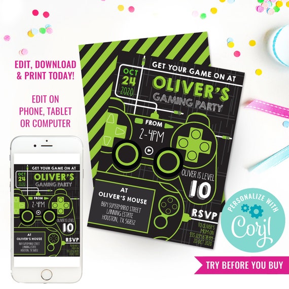 Gaming Party Invitation - Video Game Invitation - Gamer Party Invitation - Instant Download & Edit File with Corjl Il_570xn