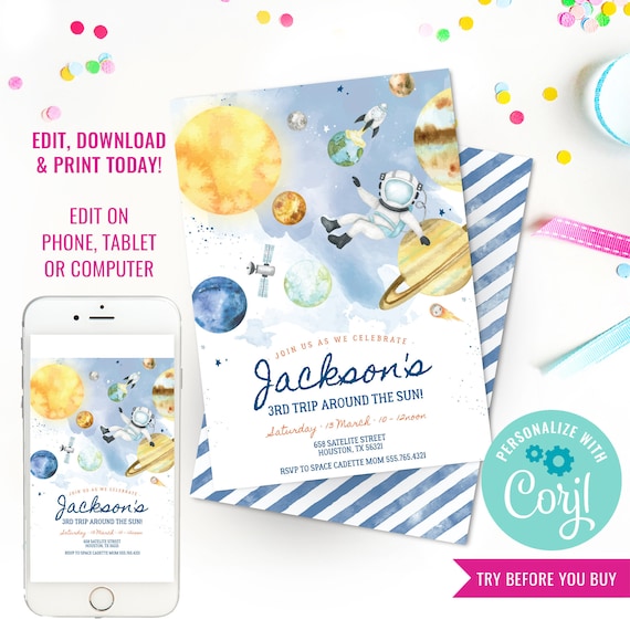 Space Astronaut Birthday Party Invitation - Space Birthday Party - Watercolor Space - Solar System - Instant Download & Edit File with Corjl Il_570xn