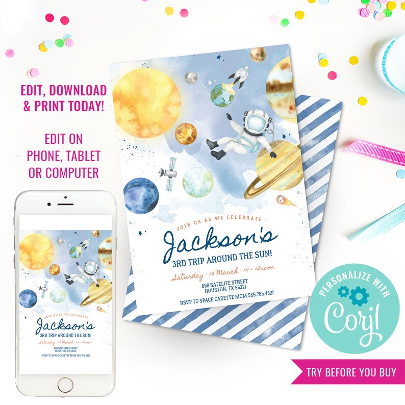 Boys Space Astronaut Birthday Party Invitation Space Birthday Party Watercolor Space Solar System Instant Download Edit File with Corjl image 1