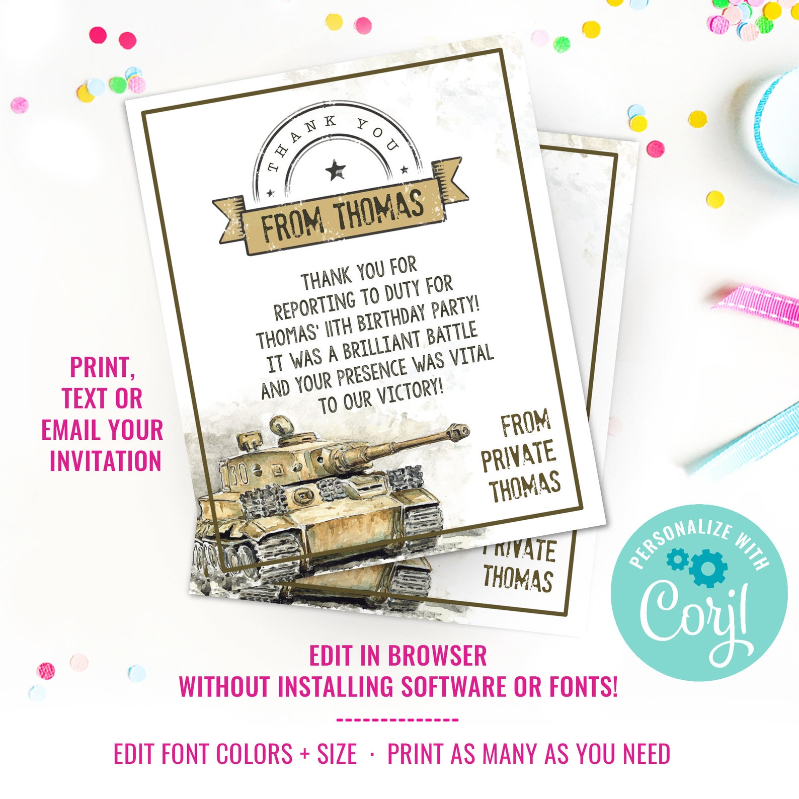 Army Tank Birthday Party Thank You Card for a Boy Vintage Etsy