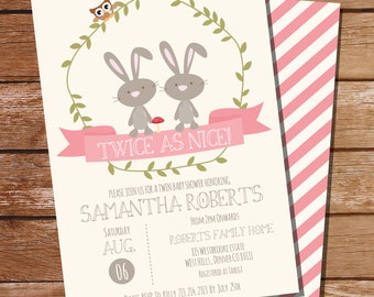 Twin Bunny Baby Shower Invitation for Twin Girls - Instant Download and Editable File - Personalize at home with Adobe Reader