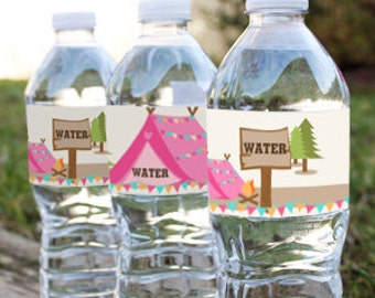 Camping Tent Party - Water Bottle Labels - Glamping Editable - Instant Download and Editable File - Personalize at home with Adobe Reader