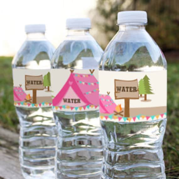 Camping Tent Party - Water Bottle Labels - Glamping Editable - Instant Download and Editable File - Personalize at home with Adobe Reader Il_570xn